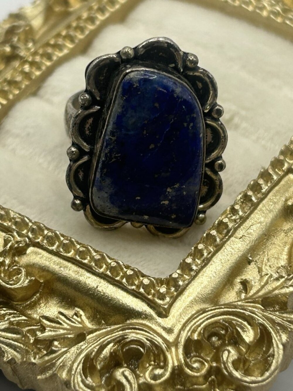 Vintage Lapis Lazuli Adjustable Ring Blue Stone Boho Statement Silver Tone Big - Picture 14 of 16